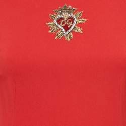 Pre Owned Dolce & Gabbana Red Crepe Logo Embellished Long Sleeve Mini Dress S