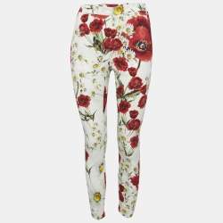 Pre Owned Dolce & Gabbana White Floral Print Crepe Trousers M