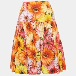 Dolce & Gabbana Orange Gerbera Print Poplin Tiered Midi Skirt M