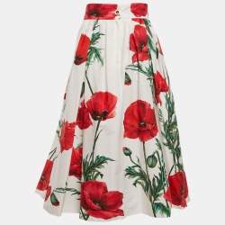 Dolce & Gabbana White Poppy Print Poplin Midi Skirt M