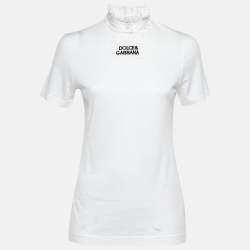 Dolce & Gabbana White Logo Cotton Ruffled Collar T-Shirt S