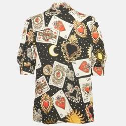 Pre Owned Dolce & Gabbana Black Printed Silk Blouse M