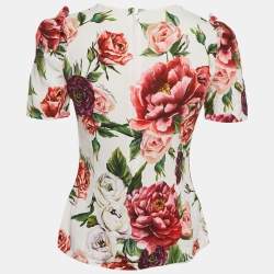 Pre Owned Dolce & Gabbana White Floral Print Crepe Ruffled Top S