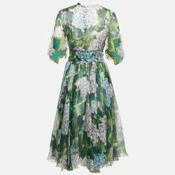 Pre Owned Dolce & Gabbana Green Hydrangea Print Organza Silk Midi Dress S