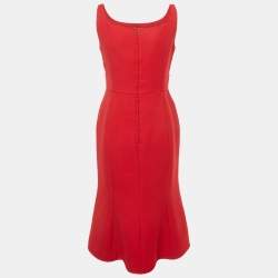 Pre Owned Dolce & Gabbana Red Wool Crepe Sleeveless Midi Dress M