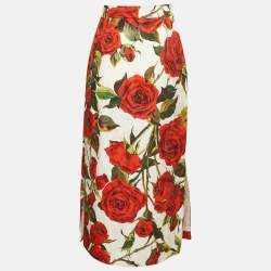 Pre Owned Dolce & Gabbana White Rose Print Cotton Blend Jacquard Midi Skirt M