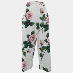 Pre Owned Dolce & Gabbana White Rose Printed Cotton Parallel Pants M