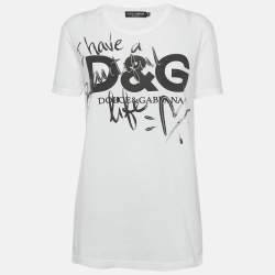 Pre Owned Dolce & Gabbana White Printed Cotton Knit Crew Neck T-Shirt S