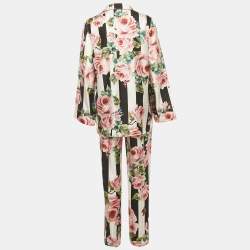 Pre Owned Dolce & Gabbana Multicolor Stipe Floral Print Silk Pajama Set M 