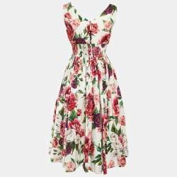 Pre Owned Dolce & Gabbana White Floral Print Cotton Midi Dress S