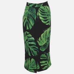 Pre Owned Dolce & Gabbana Black/Green Monstera Leaf Printed Crepe Pencil Skirt M
