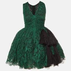 Pre Owned Dolce & Gabbana Green Lace Bow Detail Flared Mini Dress S