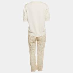 Pre Owned Dolce & Gabbana Cream Lace Knit Top and Pants Set M