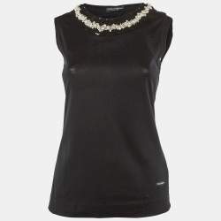 Pre Owned Dolce & Gabbana Black Cotton Knit Embellished Neck T-Shirt M