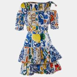 Pre Owned Dolce & Gabbana Multicolor Printed Cotton Crop Top & Tiered Skirt Set XS