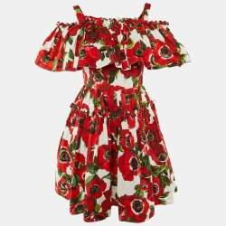 Pre Owned Dolce & Gabbana Red Floral Print Cotton Ruffled Dress S