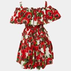 Pre Owned Dolce & Gabbana Red Floral Print Cotton Ruffled Dress S