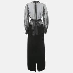 Pre Owned Dolce & Gabbana Black Organza And Velvet Belted Long Dress XS