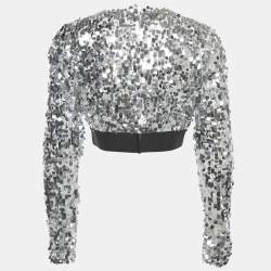 Pre Owned Dolce & Gabbana Silver Sequin Tulle Logo Trim Detail Crop Top M