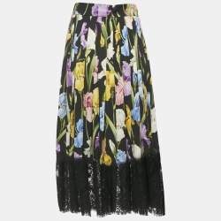 Pre Owned Dolce & Gabbana Black Floral Print Silk & Lace Trim Midi Skirt M