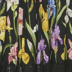 Pre Owned Dolce & Gabbana Black Floral Print Silk & Lace Trim Midi Skirt M