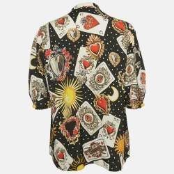 Pre Owned Dolce & Gabbana Black Card Print Silk Neck Tie-up Blouse L