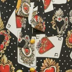 Pre Owned Dolce & Gabbana Black Card Print Silk Neck Tie-up Blouse L