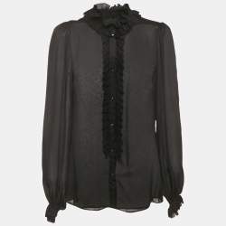 Pre Owned Dolce & Gabbana Black Silk Frill Detail Sheer Blouse M