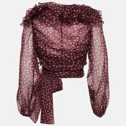 Pre Owned Dolce & Gabbana Burgundy Polka Dot Print Organza Silk Ruffled Wrap Top S