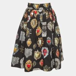 Pre Owned Dolce & Gabbana Black Sacred Heart Print Cotton Flared Skirt M