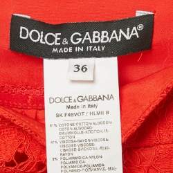 Pre Owned Dolce & Gabbana Red Lace Midi Skirt XS