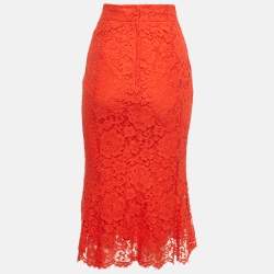 Pre Owned Dolce & Gabbana Red Lace Midi Skirt XS