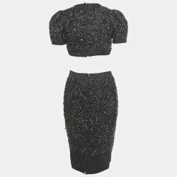 Pre Owned Dolce & Gabbana Black Crystal Embellished Jacquard Top and Skirt Set S