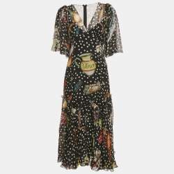 Pre Owned Dolce & Gabbana Black Printed Silk Ruffled Asymmetric Long Dress L