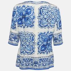 Pre Owned Dolce & Gabbana White /Blue Majolica Print Silk Blouse L