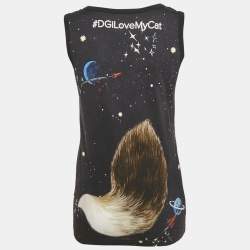 Pre Owned Dolce & Gabbana Navy Blue Spaghetti Cat Print Jersey Tank Top XS