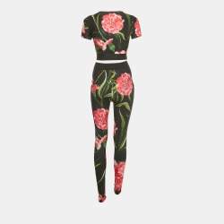 Pre Owned Dolce & Gabbana Black Floral Print Nylon Cropped Top & Leggings Set S