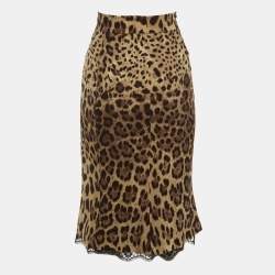 مملوكة مسبقًا تنورة دولتشي أند غابانا حرير بني بطبعة الفهد مع تفاصيل دانتيل وسط- كبرى