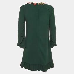 Pre Owned Dolce & Gabbana Green Crepe Bejeweled Buttons Flounce Dress S