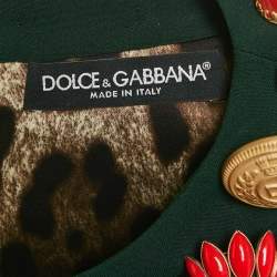 Pre Owned Dolce & Gabbana Green Crepe Bejeweled Buttons Flounce Dress S