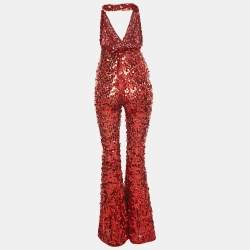 Pre Owned Dolce & Gabbana Red Sequin Tulle Halter Neck Jumpsuit S