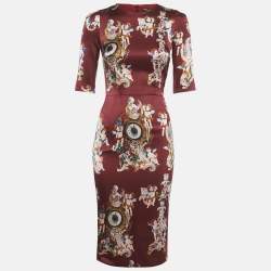 Pre Owned Dolce & Gabbana Burgundy Printed Silk Midi Dress S