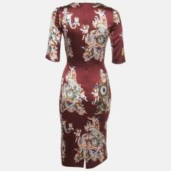 Pre Owned Dolce & Gabbana Burgundy Printed Silk Midi Dress S
