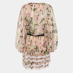 Pre Owned Dolce & Gabbana Multicolor Lily Printed Silk Ruffled Off-The-Shoulder Top and Skirt Set S