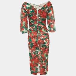 Pre Owned Dolce & Gabbana Red Geranium Print Silk Chiffon Ruched Dress S