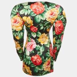Pre Owned Dolce & Gabbana Black Floral Print Satin Puff Sleeve Mini Dress S