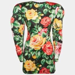 Pre Owned Dolce & Gabbana Black Floral Print Satin Puff Sleeve Mini Dress S