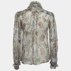 Pre Owned Dolce & Gabbana Grey Floral Print Silk Ruche Shirt XS