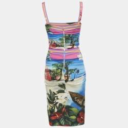 Pre Owned Dolce & Gabbana Multicolor Printed Silk Ruched Midi Dress S