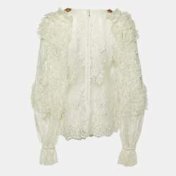 Pre Owned Dolce & Gabbana White Lace Rope Embellished Sheer Top L